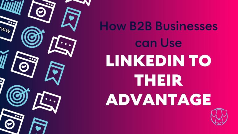 How-B2B-Businesses-Use-LinkedIn -blog-cover-hot-dog-marketing-blog-target-icon-speechicon-graphicon-pattern